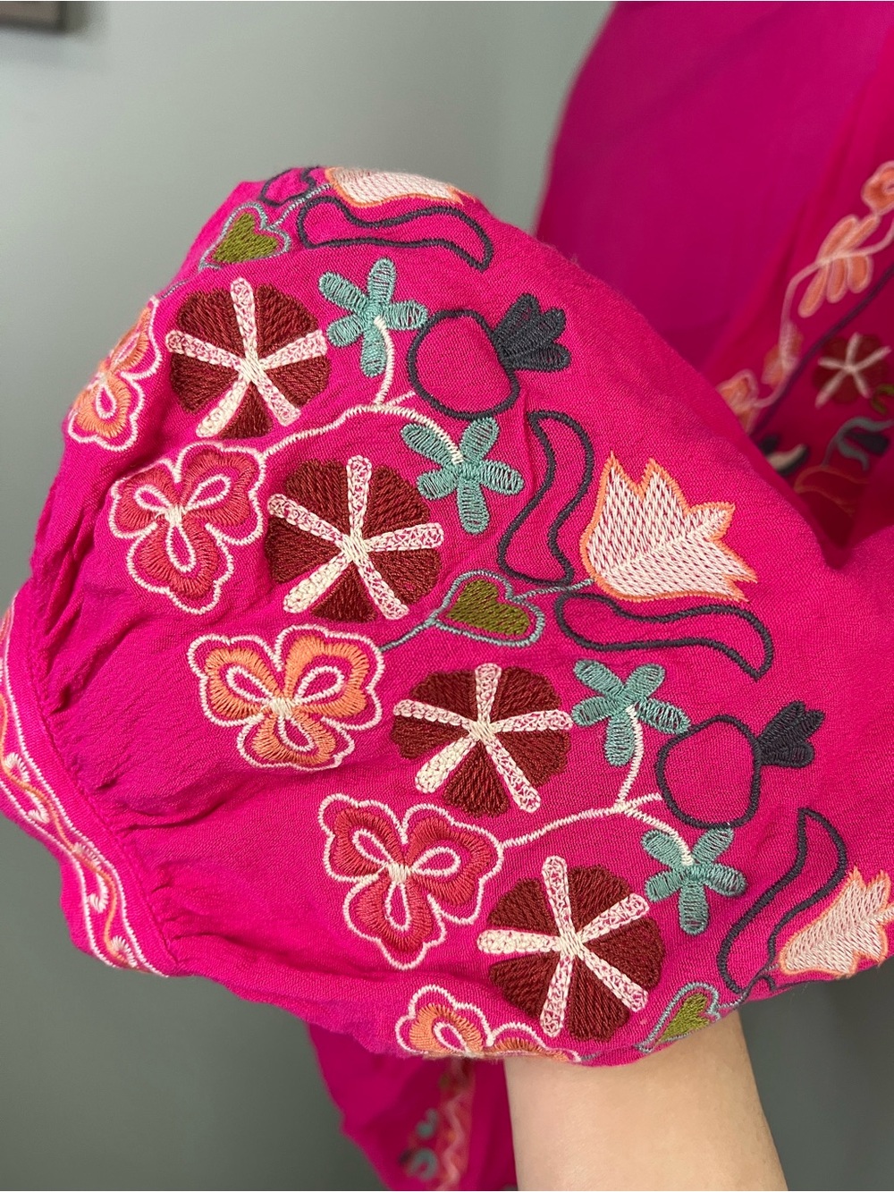 Easel Sz S Pink Embroidered Boho Peasant Blouse Balloon Sleeve Rayon - Picture 8 of 11